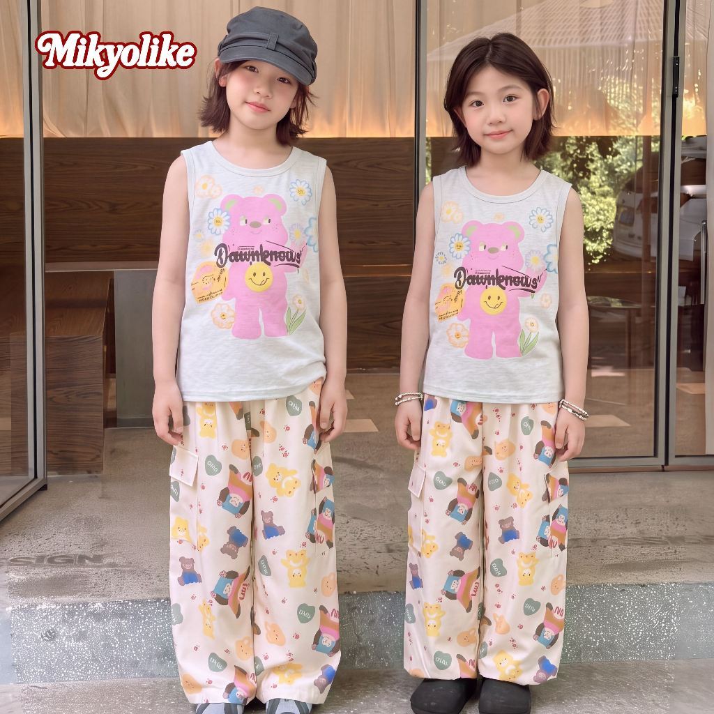 2-12 ปี ชุดเซ็ตลูกสาว เสื้อแขนกุด+กางเกงขายาว ลายการ์ตูน กางเกงลำลองสำหรับเด็กผู้หญิง แฟชั่นลำลอง