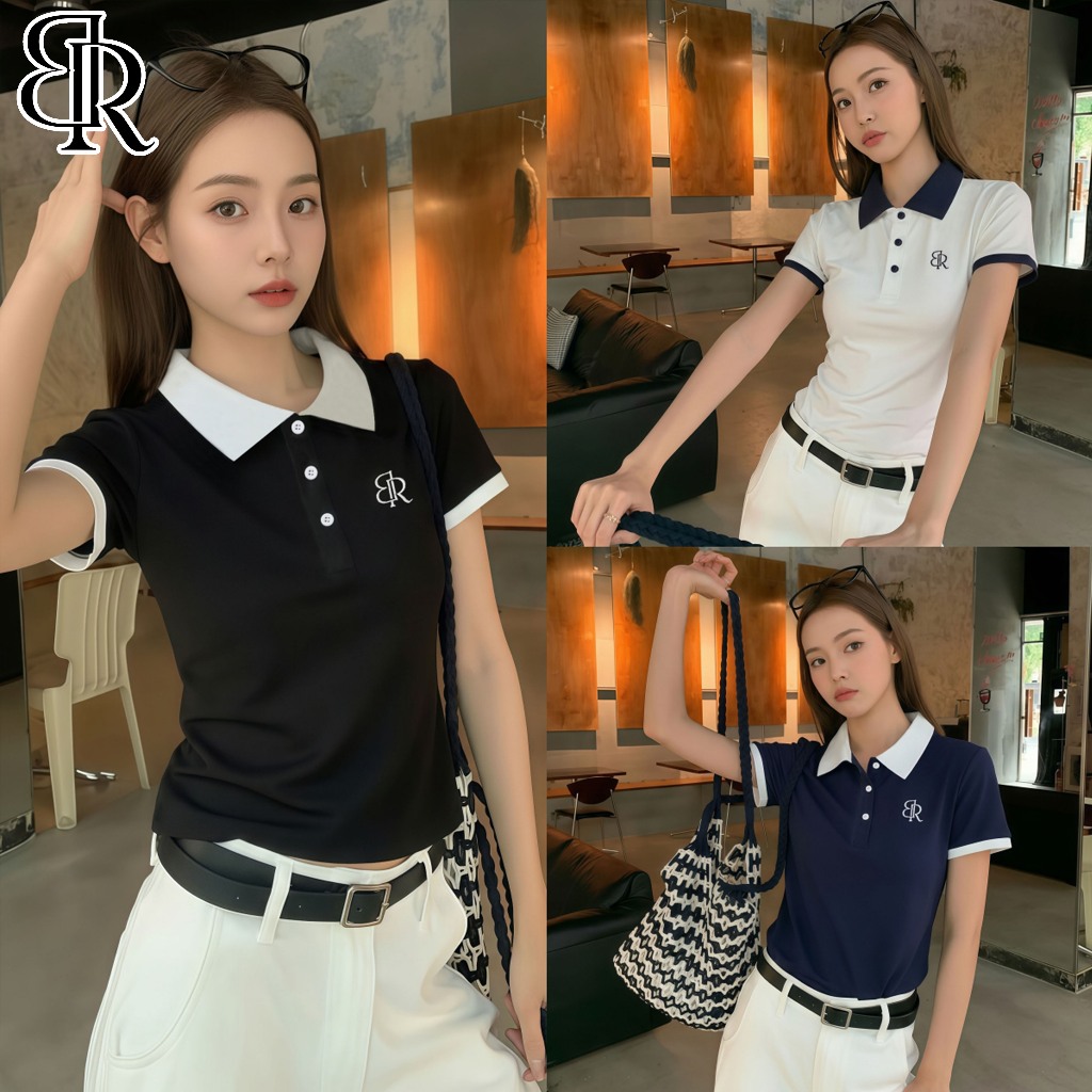 B&R พร้อมส่ง POLO เสื้อโปโลแขนสั้นผู้หญิง ดีไซน์ตัดสี งานปักตกแต่ง ทรงสั้นเข้ารูป ทันสมัยและลำลอง
