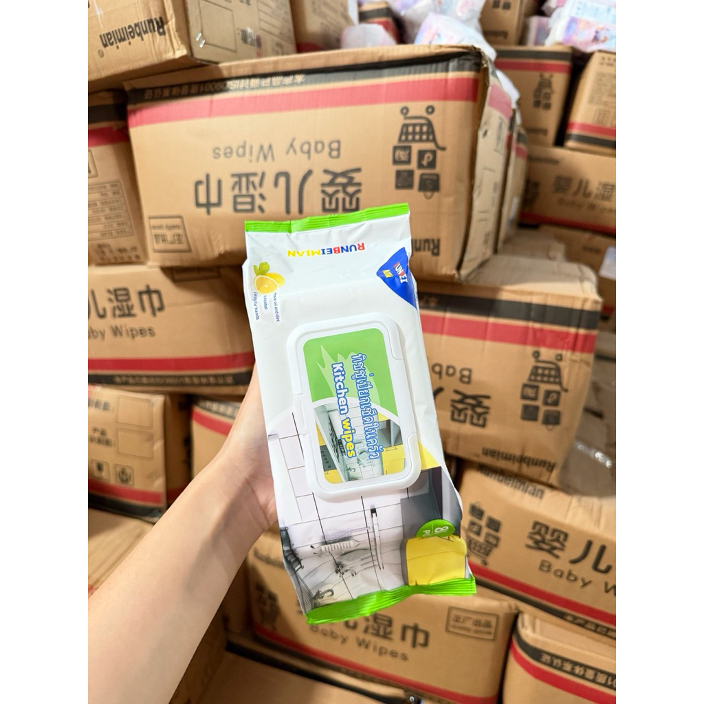 ทิชชู่เปียกเช็ดในครัว 80 แผ่น Kitchen Wipes แผ่นใหญ่หนา ขจัดคราบมัน คราบน้ำมัน ผ้าเปียกเช็ดทำความสะอาดห้องครัว มีฝาปิด