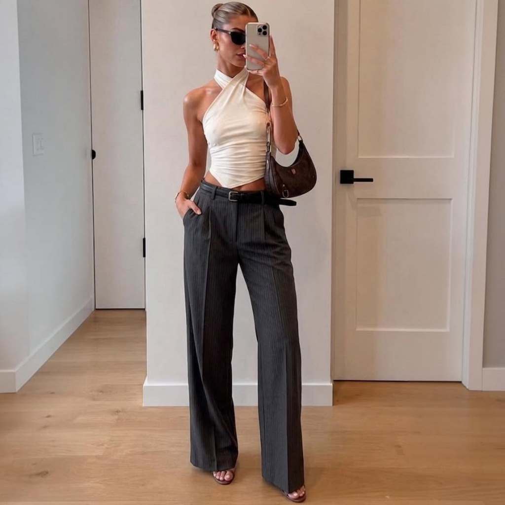 88 OUTLET📍STRADIVARIUS FLOWING STRAIGHT-LEG SMART TROUSERS พร้อมเข็มขัดค่ะ สีเทาลายทางลง