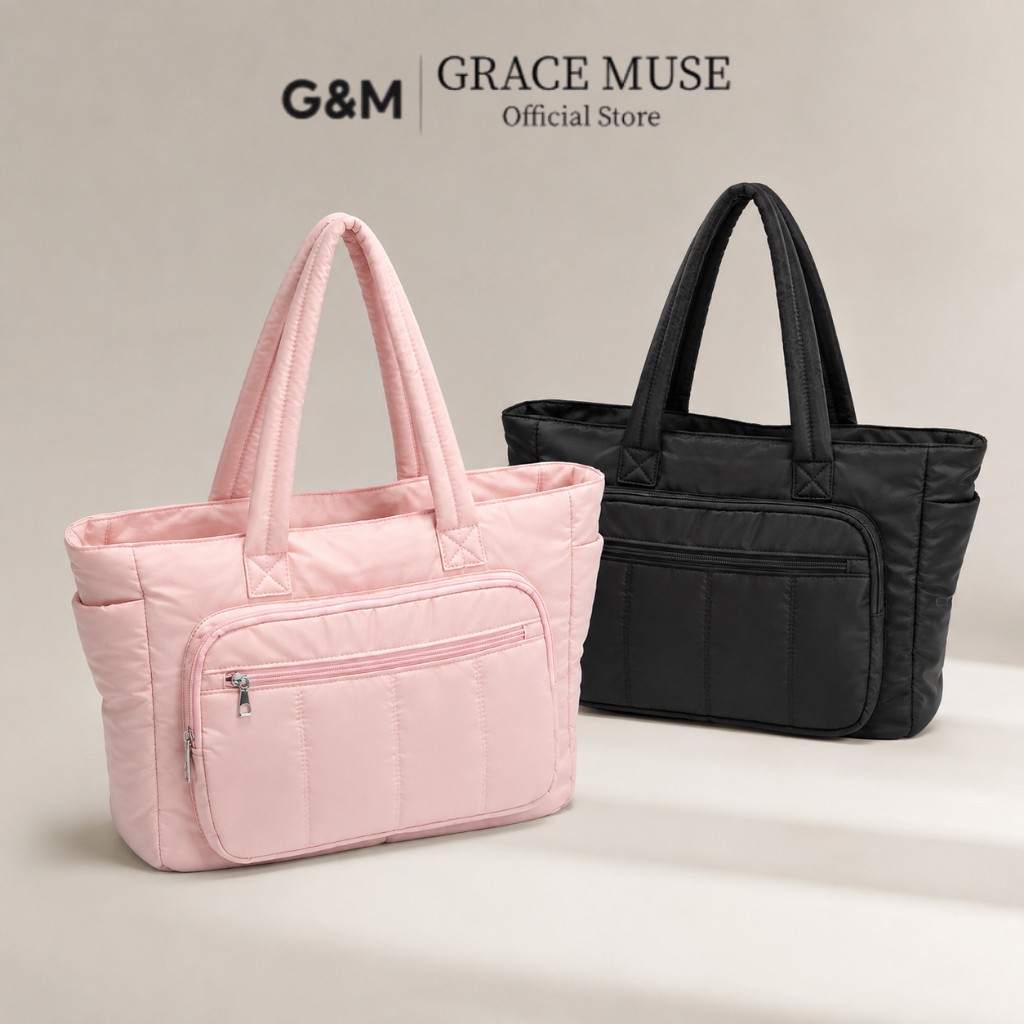 G&M-COD Tote Bag ผู้หญิง ใบใหญ่ มีซิป กระเป๋า Puffy น้ำหนักเบา กันน้ำ ใส่ Laptop 15.6 นิ้วได้ หลายช่อง