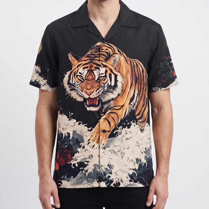 เสื้อฮาวายDB459-เสือลุยทะเล (ไหมอิตาลี่พรีเมี่ยม-Made in Thailand)