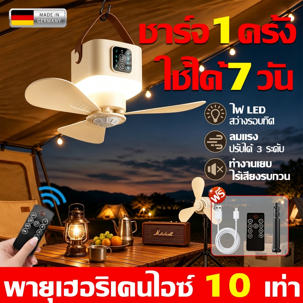 พัดลมแคมป์ปิ้ง พัดลมพกพา พัดลมเพดาน4เกียร์ ไฟปรับได้ มีรีโมท ตั้งเวลาปิดไฟได้ มีกล่องกันยุงและขาตั้งพัดลมเล็ก พัดลมโคมไฟ