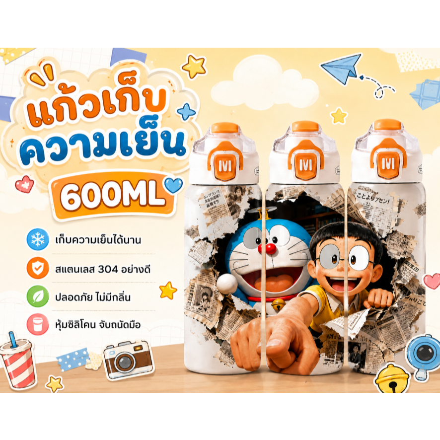 กระติกน้ำเด็ก  กระติกน้ำเก็บความเย็น 2 ช่องดื่ม สกรีน3Dรอบแก้ว สแตนเลส304 ขนาด 600 ML เก็บความเย็นได้นาน6-12ชม