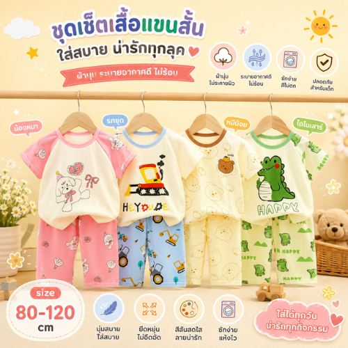 [ชุดเซ็ทเสื้อผ้าเด็ก] เสื้อแขนสั้น+กางเกงขายาว Size80-120 1เดือน-6ปี ผ้าCotton100% ชุดนอน