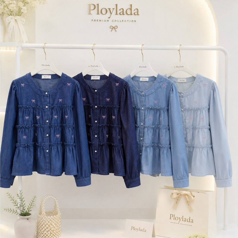 ป้าย Ploylada เสื้อผ้ายีนส์นิ่มแขนยาวปักโบว์ อก 40 นิ้ว ยาว 21 นิ้ว