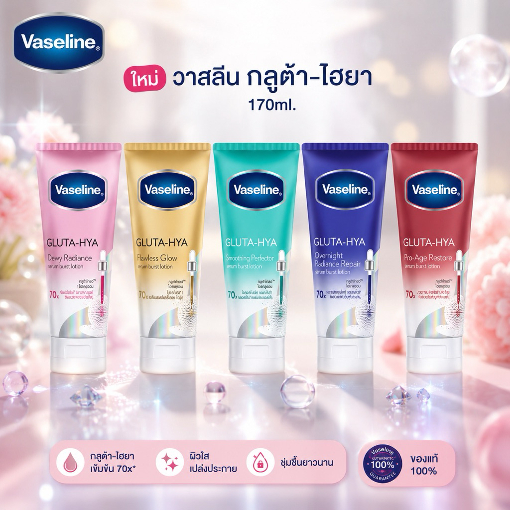 [1ขวด]วาสลีนเซรั่มเฮลธีไบร์ท กลูต้า-ไฮยาโลชั่น 170ml. เลือกสีข้างใน VASELINE GLUTA-Hya SERUM 170ml.
