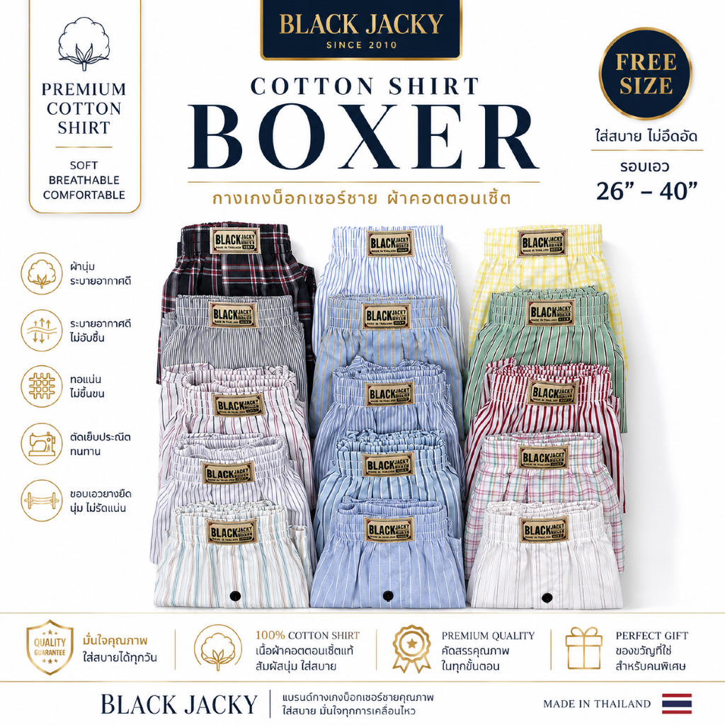 🩳 Set 3 ตัว Boxer Cotton Shirt กางเกงขาสั้นเกรดพรีเมี่ยม ใส่สบาย ระบายอากาศดีมาก Freesize - XL 🩳