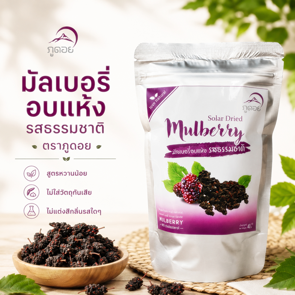 มัลเบอรี่ ลูกหม่อนอบแห้ง ตราภูดอย สูตรหวานน้อยไขมันต่ำ วิตามินซีสูง ผลไม้อบแห้งเพื่อสุขภาพ ขนมคลีน ธรรมชาติ ขนาด40 กรัม