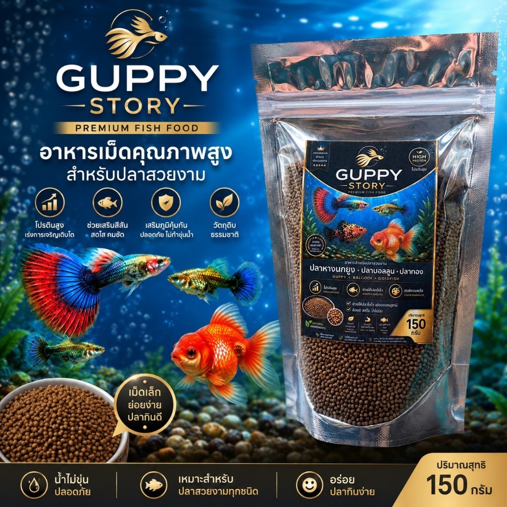 อาหารปลา สูตรเฉพาะบอลลูน ปลาหางนกยูง และปลาสวยงามทุกชนิด