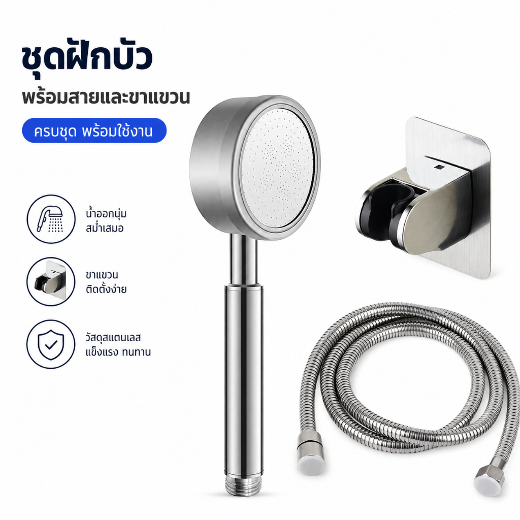ฝักบัวอาบน้ำแรงดันสูง ชุดอุปกรณ์สแตนเลสเกรด 304 สีเงินดิบ สายฝักบัวยาว 1.5 เมตร กันสนิม ประหยัดน้ำ