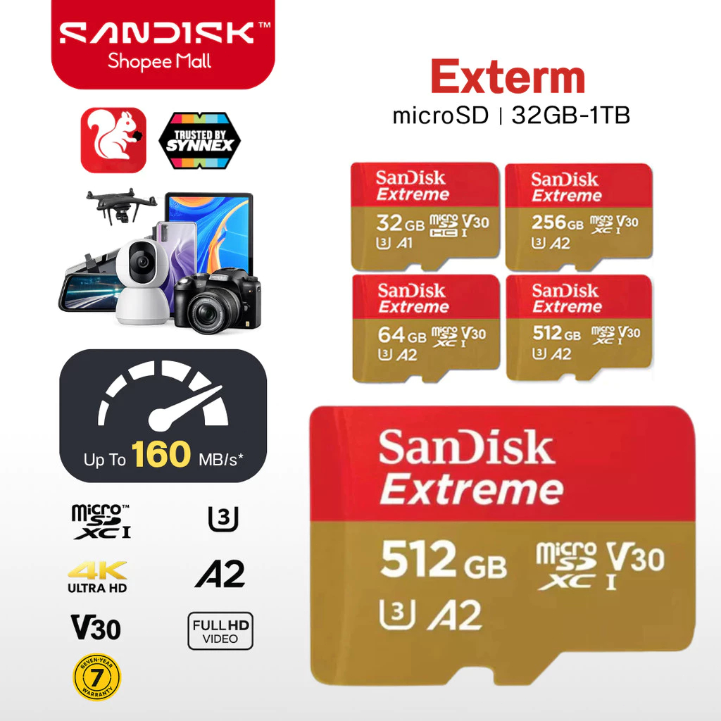 SanDisk Extreme Micro SD Card 4K SDXC 32GB 64GB 128GB 256GB 512GB 1TB 190MB/s (SDXC) เมมโมรี่ Gopro Drone