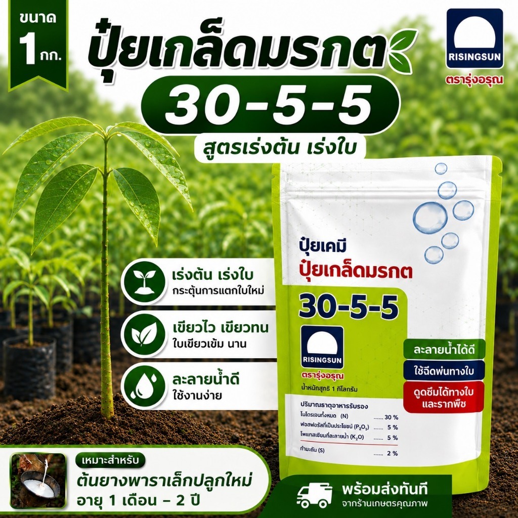 ปุ๋ยเกล็ดมรกต 30-5-5 ตรารุ่งอรุ่น ปุ๋ยเร่งต้น เร่งใบ สำหรับยางพาราเล็ก ยางปลูกใหม่ ละลายน้ำดี ฉีดพ่นทางใบ