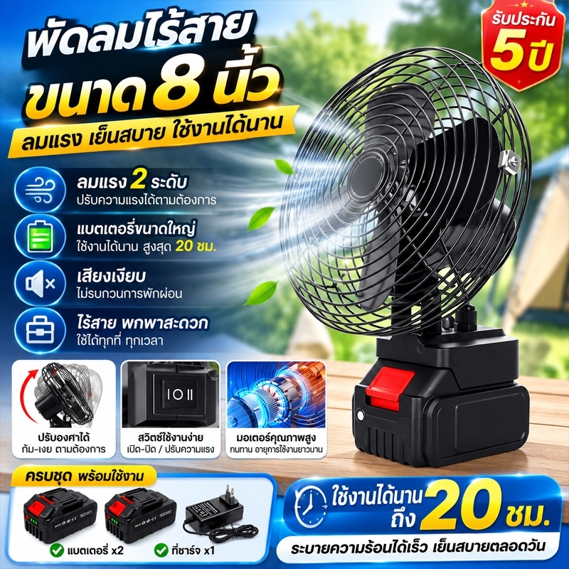 พัดลม 8 นิ้ว การส่ายหัวอัตโนมัติ พัดลมพลังสูงแบบพกพา ความจุแบต 21V Makita ลมใหญ่ ลมแรง ไม่ต้องเสียบไฟ ใช้ได้หลายสถานที่