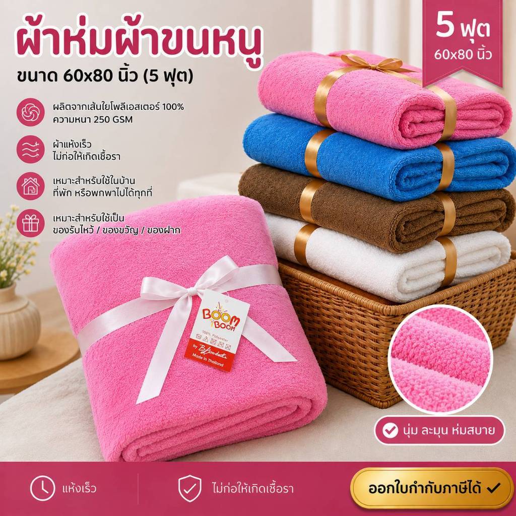 ผ้าห่มขนหนู สุดพรีเมี่ยม แพ็คเกจดูดี ผูกโบว์ สำหรับซื้อฝาก ซื้อกลับบ้านช่วงวันหยุดนี้ ขนาด 60x80 นิ้ว (5 ฟุต)