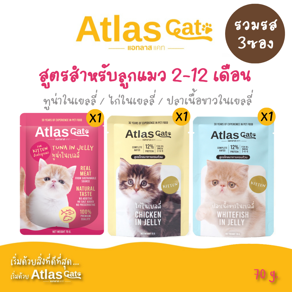 Atlas Cat แอทลาส แคท คิตเท้น อาหารเปียกแมวแบบซอง 70g. สำหรับลูกแมวอายุ 2-12 เดือน (รวมรส 3 ซอง)