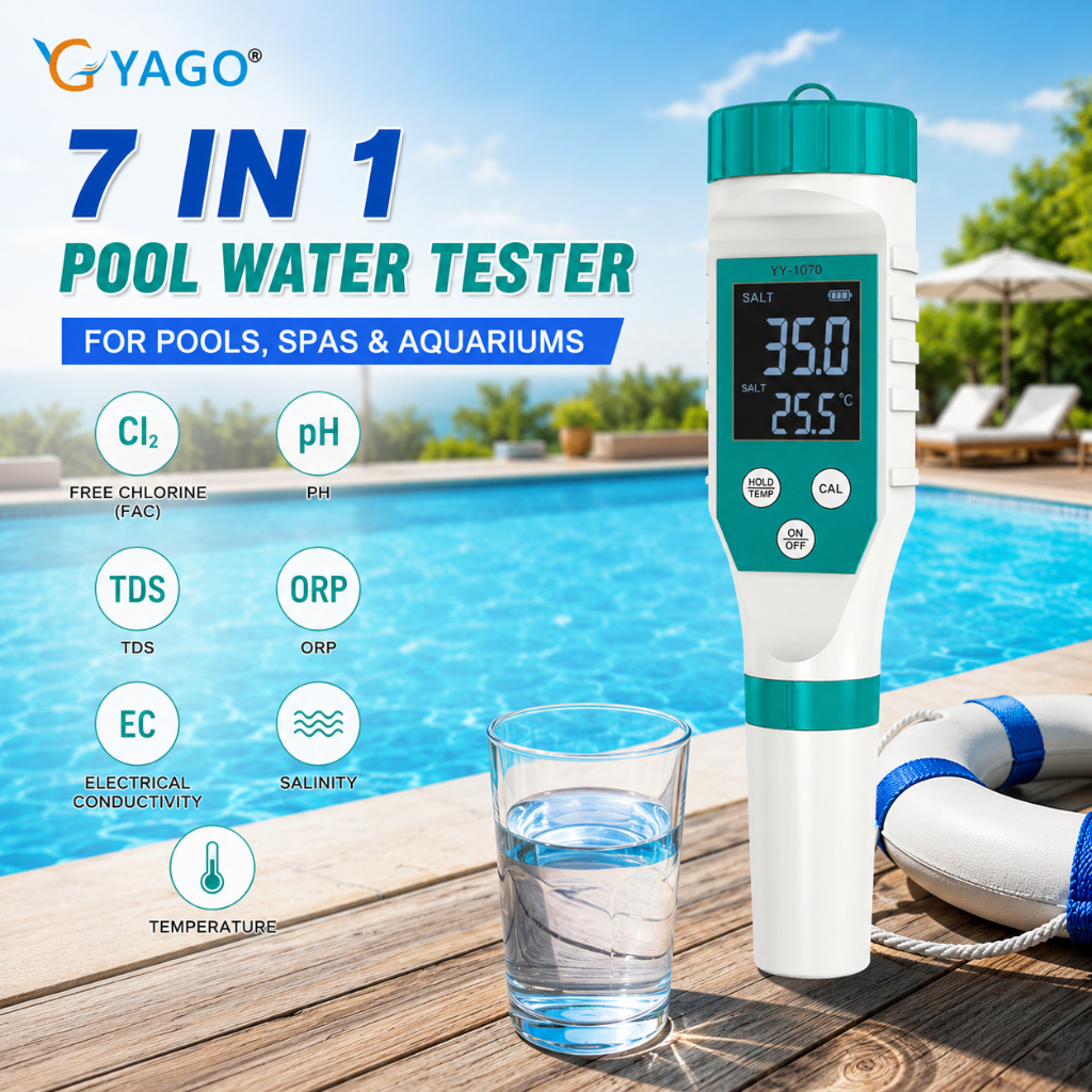 RCYAGO เครื่องวัดน้ำสระว่ายน้ำ 7in1 วัดคลอรีน pH เกลือ EC TDS ORP Temp สำหรับสระว่ายน้ำ Spa