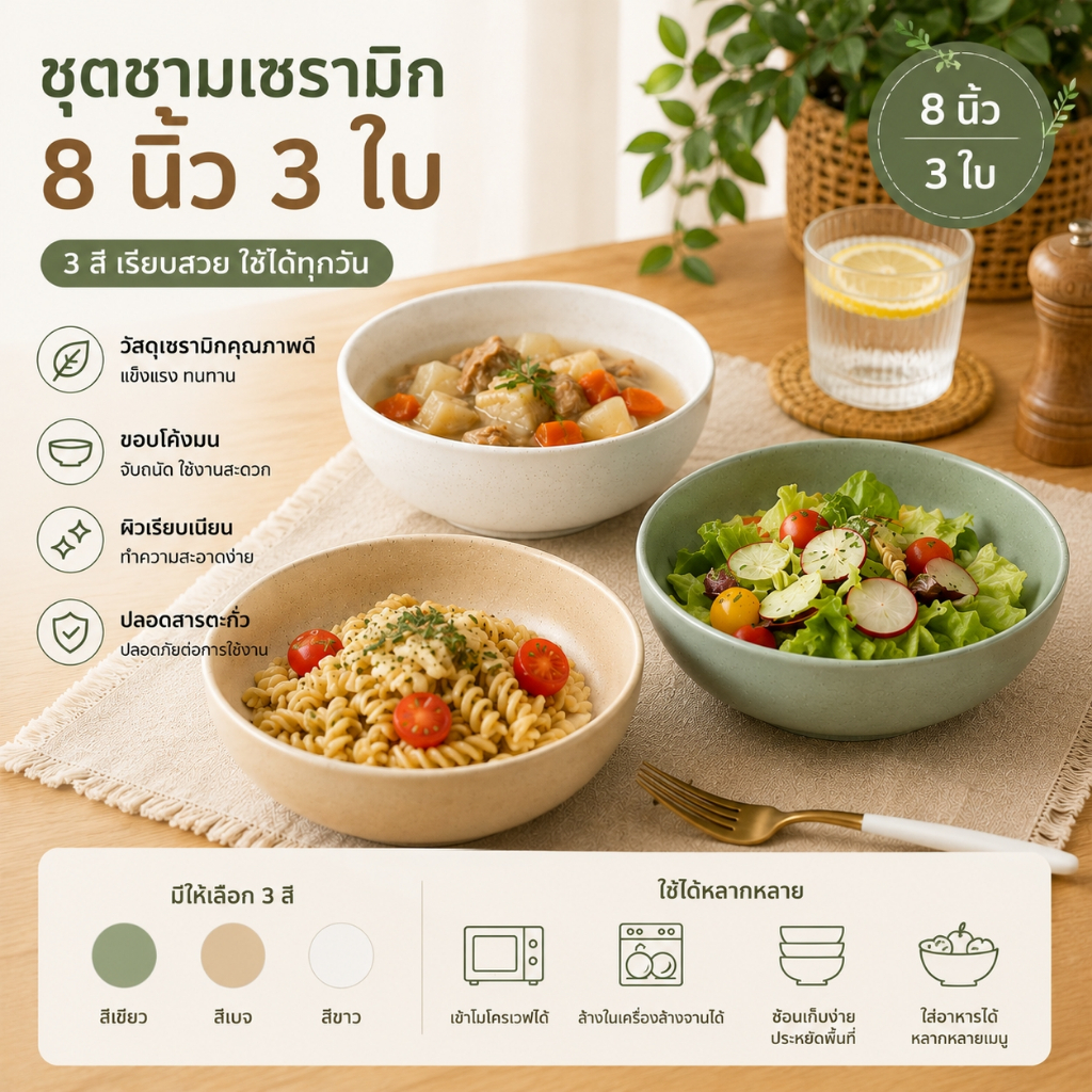 ชุดชามเซรามิก 3 ใบ 3 สี ลายจุด มินิมอล ชามใส่อาหาร สำหรับสลัด พาสต้า ซุป และอาหารจานเดียว