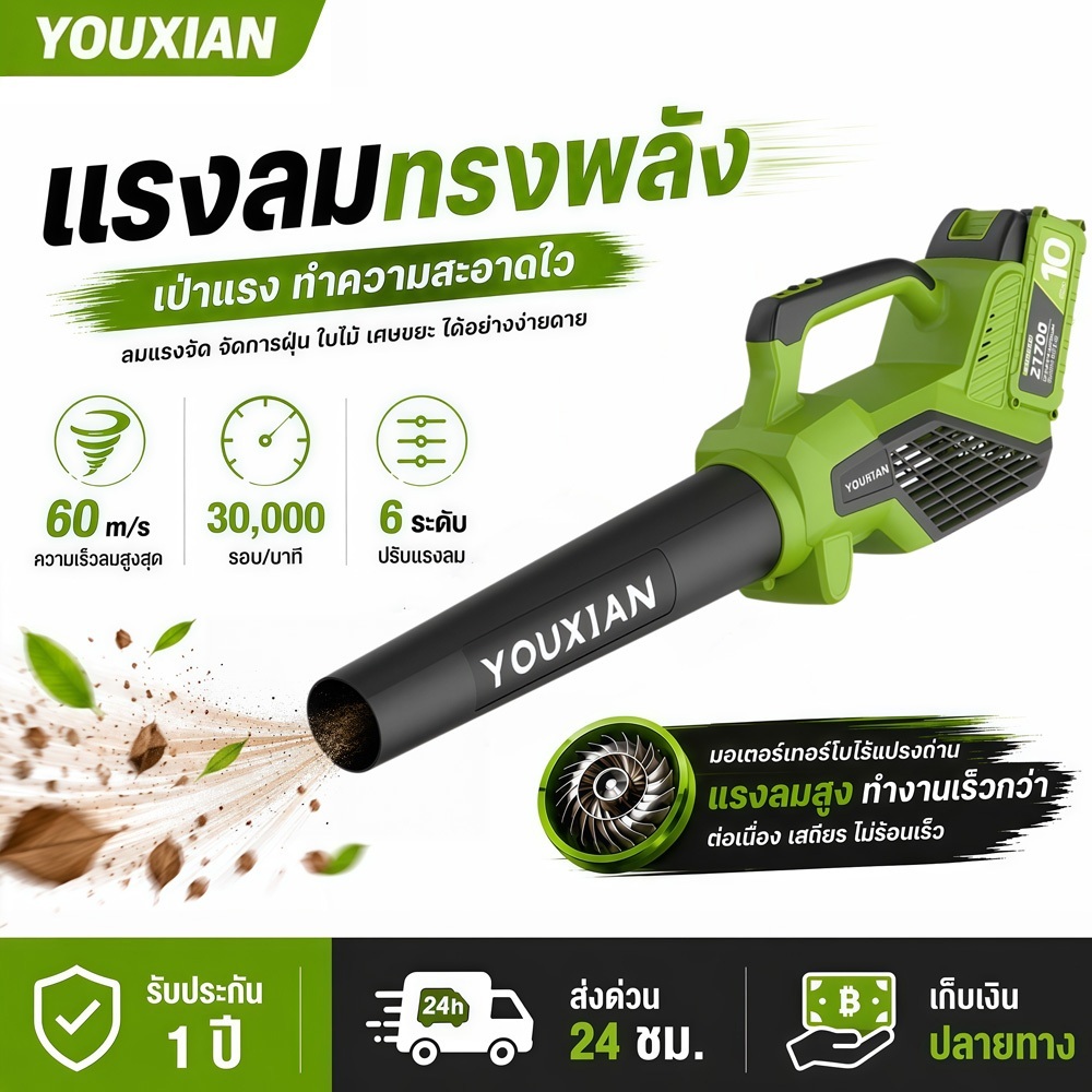 YOUXIAN เครื่องเป่าลมไร้สาย 21V มอเตอร์ไร้แปรงถ่าน ลมแรง ปรับได้ 6 ระดับ รอบสูงสุด 28,000 รอบ/นาที เ