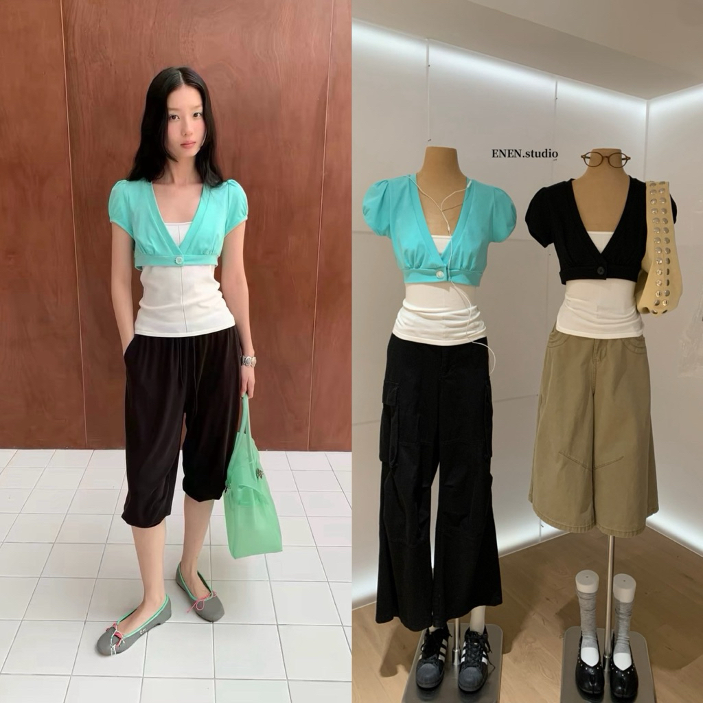 10779# Set 2 pcs เสื้อครอปแขนสั้น งานกระดุมหน้า + เสื้อเกาะอก เนื้อผ้าดี ทรงสวย  TAG:WG.WE 🇰🇷