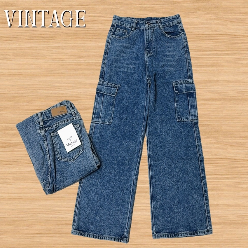Vintage รุ่น 8013 กางเกงยีนส์ คาร์โก้ ทรงกระบอก แต่งเฟดขา ทรงสวยผ้าไม่ยืด กระเป๋าตรง 2 ใบ