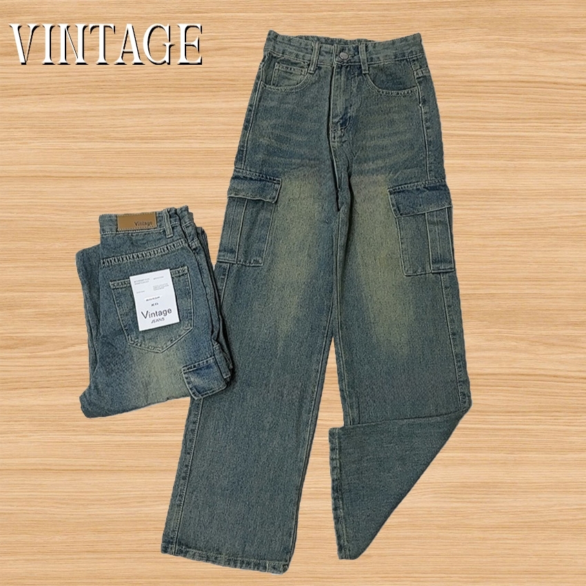 Vintage รุ่น 8045 กางเกงยีนส์ คาร์โก้ ทรงกระบอก สีสนิม แต่งเฟดขา ทรงสวยผ้าไม่ยืด กระเป๋าตรง 2 ใบ