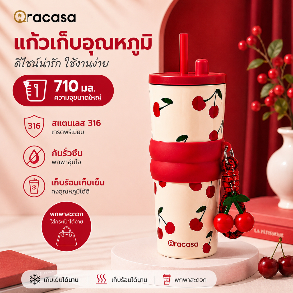 แก้วเก็บความเย็น 710ml สแตนเลส316 เคลือบเซรามิก มีหลอดดูด กันรั่ว เก็บร้อนเย็น พกพา ใช้ในรถ ออฟฟิศ