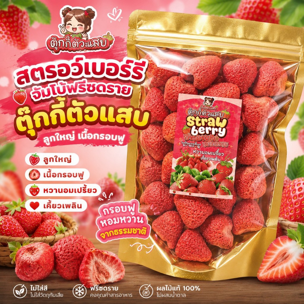(ส่งฟรี)สตอเบอร์รี่ฟรีซดราย ไซต์จัมโบ้ ลูกใหญ่ เนื้อกรอบฟู หวานอมเปรี้ยว เคี้ยวเพลิน ตุ๊กกี้ตัวแสบ