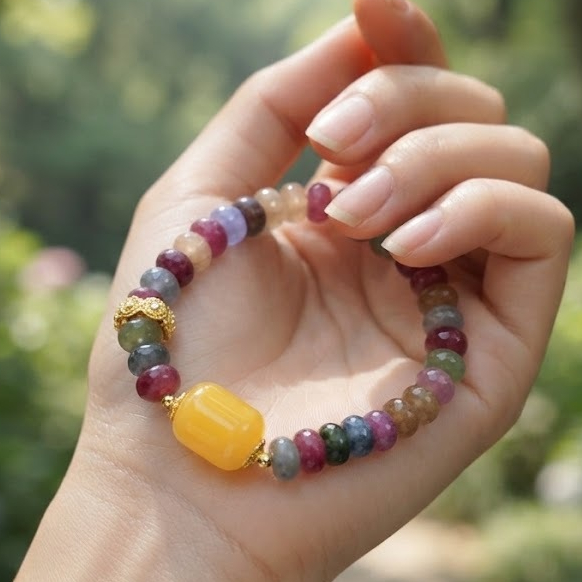 สร้อยข้อมือ ทัวร์มาลีนหลากสี & หยกเหลือง อัญมณีแห่งความสมดุล [ผ่านการรับพลังงานจากสถานที่ศักดิ์สิทธิ์ทั้งในจีนและไทย]