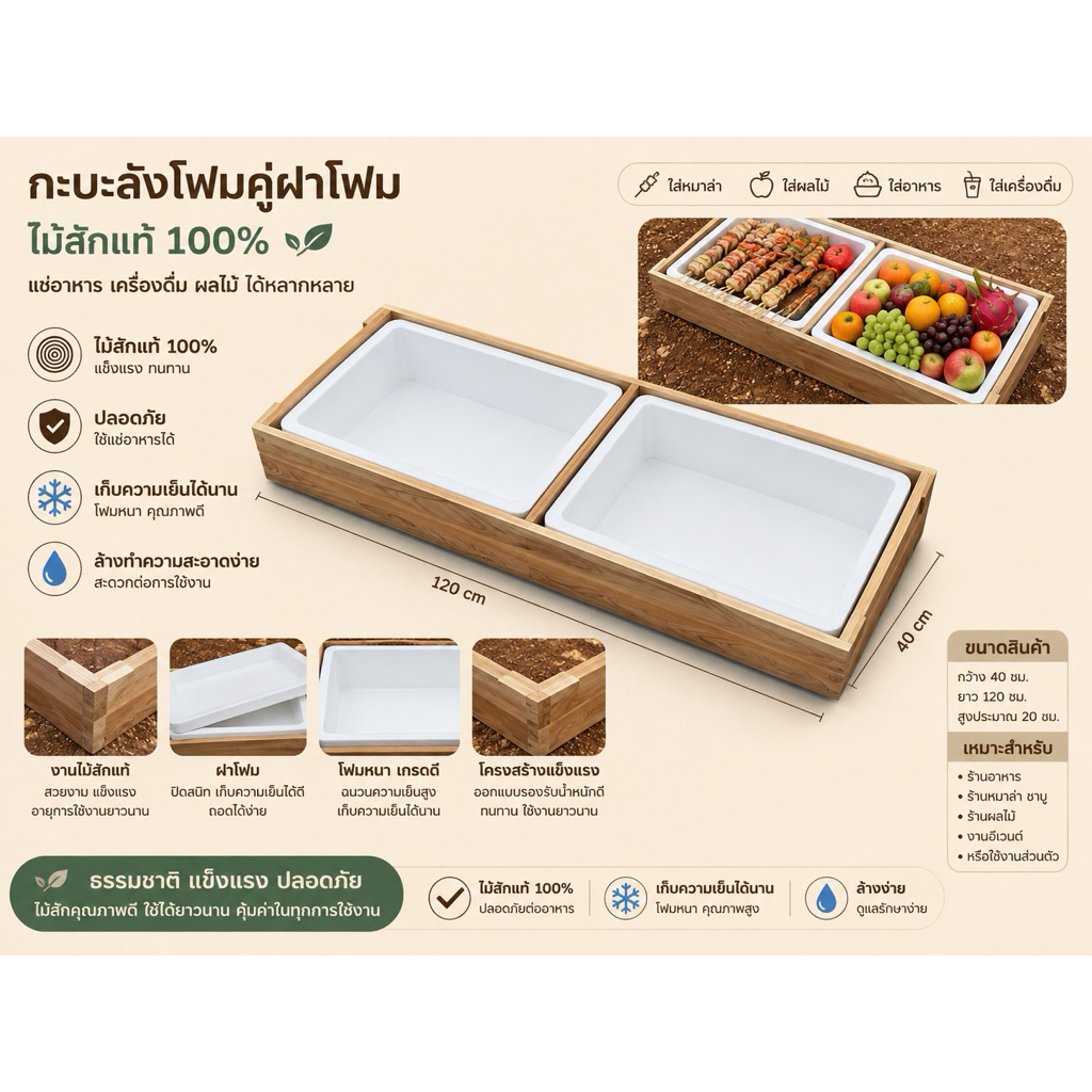 กะบะไม้สักลังโฟมเฉียงคู่พร้อมฝาโฟม