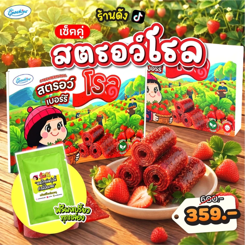 แถมผงเปรี้ยว!! [เซ็ตคู่] สตอเบอร์รี่โรล 2 กล่อง ตัวฮิต เปรี้ยวหวานลงตัว หนึบ เคี้ยวเพลิน อบสดใหม่ snackies