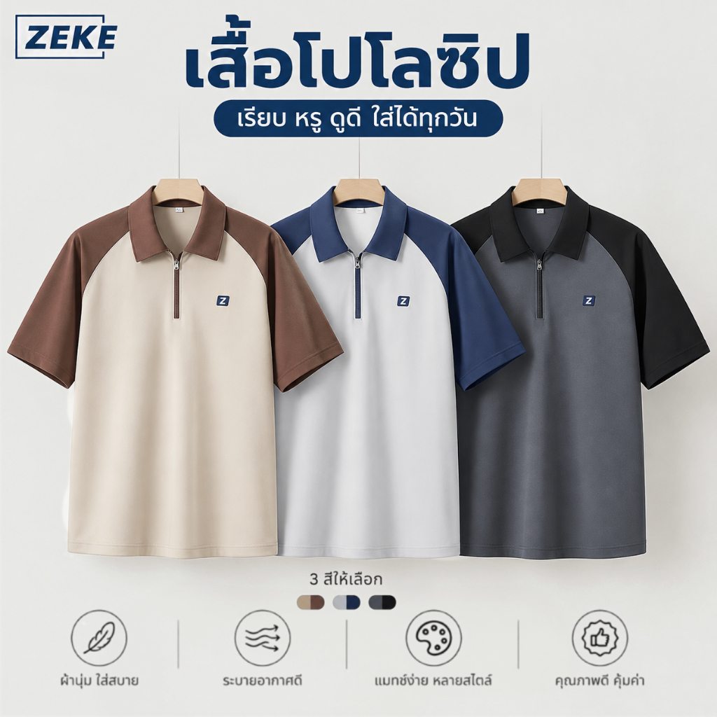 ZEKE A0081 เสื้อโปโลแขนสั้นคอซิปแบบแร็กแลนสำหรับผู้ชาย ปักโลโก้
