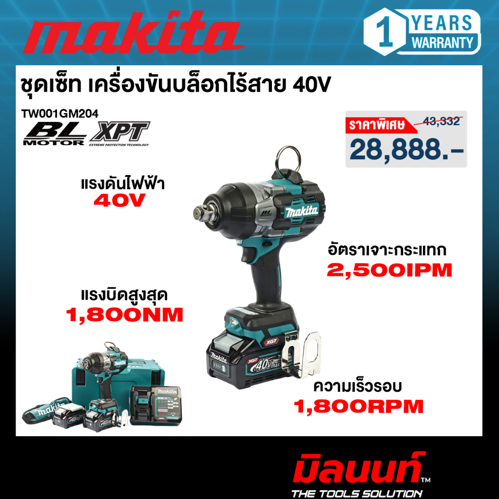 MAKITA รุ่น TW001GM204 ชุดเซ็ท เครื่องขันบล็อกไร้สาย 40 Vmax