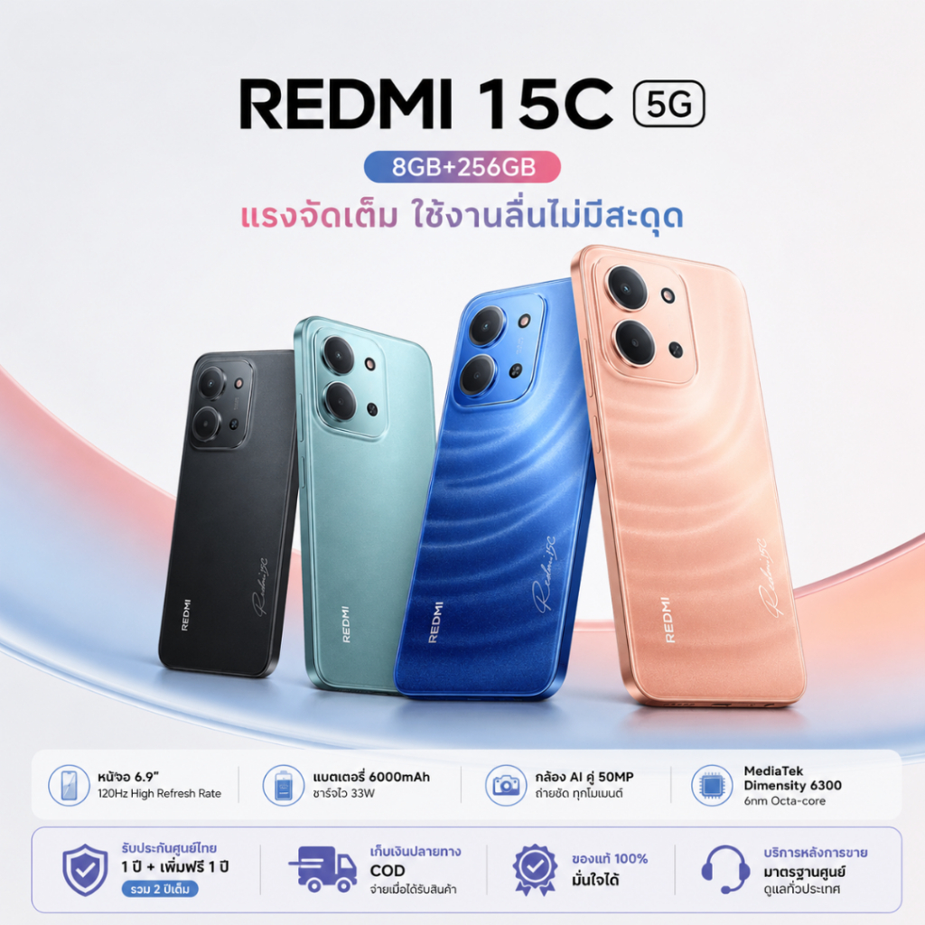 [New]15C (8GB+256GB) สมาร์ทโฟน หน้าจอ 6.9 นิ้ว HD+ กล้อง 50MP พร้อม AI แบตเตอรี่ 6000mAh