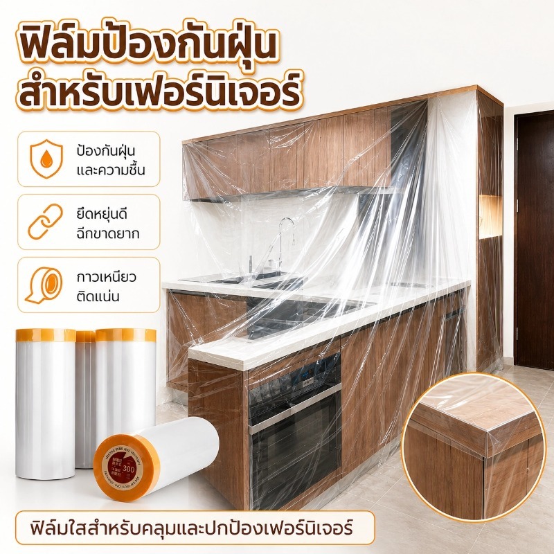 พลาสติกคลุมฝุ่น ฟิล์มป้องกันฝุ่นอเนกประสงค์สำหรับเฟอร์นิเจอร์ มีความยืดหยุ่นสูง ไม่ฉีกขาดง่าย ปิดพ่นสีได้