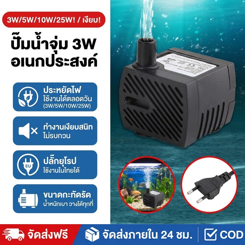 ปั๊มน้ำพัดลมไอเย็น ปั๊มน้ำตู้ปลา น้ำพุ ปั๊มน้ำขนาดจิ๋ว ปั๊มแช่น้ำใช้ไฟบ้านกำลังไฟ 3วัตต์/5วัตต์/10วัตต์ AC 220V