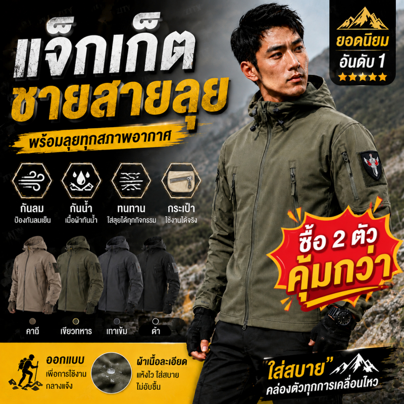 ส่งจากกรุงเทพ เสื้อแจ็กเก็ตผู้ชาย เดินป่ากันน้ำและกันลม Tactical Jackets สวมใส่สบาย คุณภาพสูง แจ็คเก็ตหนัง