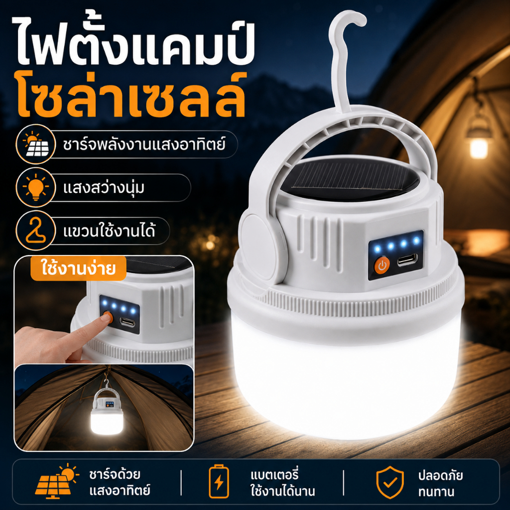 หลอดไฟพลังงานแสงอาทิตย์ LED แบบชาร์จ USB ได้1ชิ้นพร้อมไฟฉายโคมไฟอเนกประสงค์สำหรับตั้งแคมป์เดินป่าและไฟฟ้าดับ