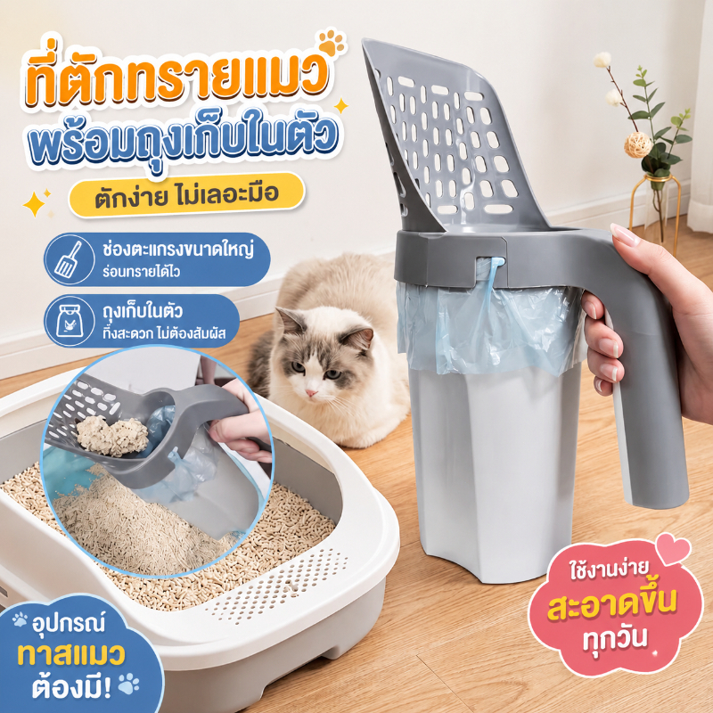 ที่ตักทรายแมว พร้อมถังขยะและถุงขยะในตัว - เก็บอึแมวอย่างสะดวก 1 ม้วนถุงขยะ 15 ใบ เก็บอึแมวอย่างสะดวก