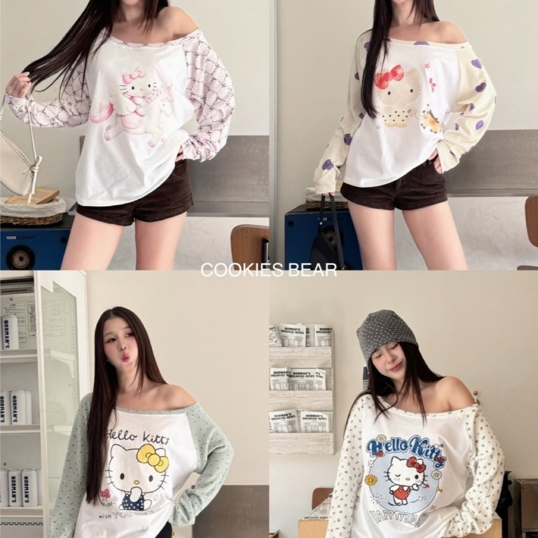 B02 - Cookies Bear เสื้อปาดไหล่แขนยาว แขนตัดสี สกีนลายน่ารัก งานทรงโอเวอร์ไซส์