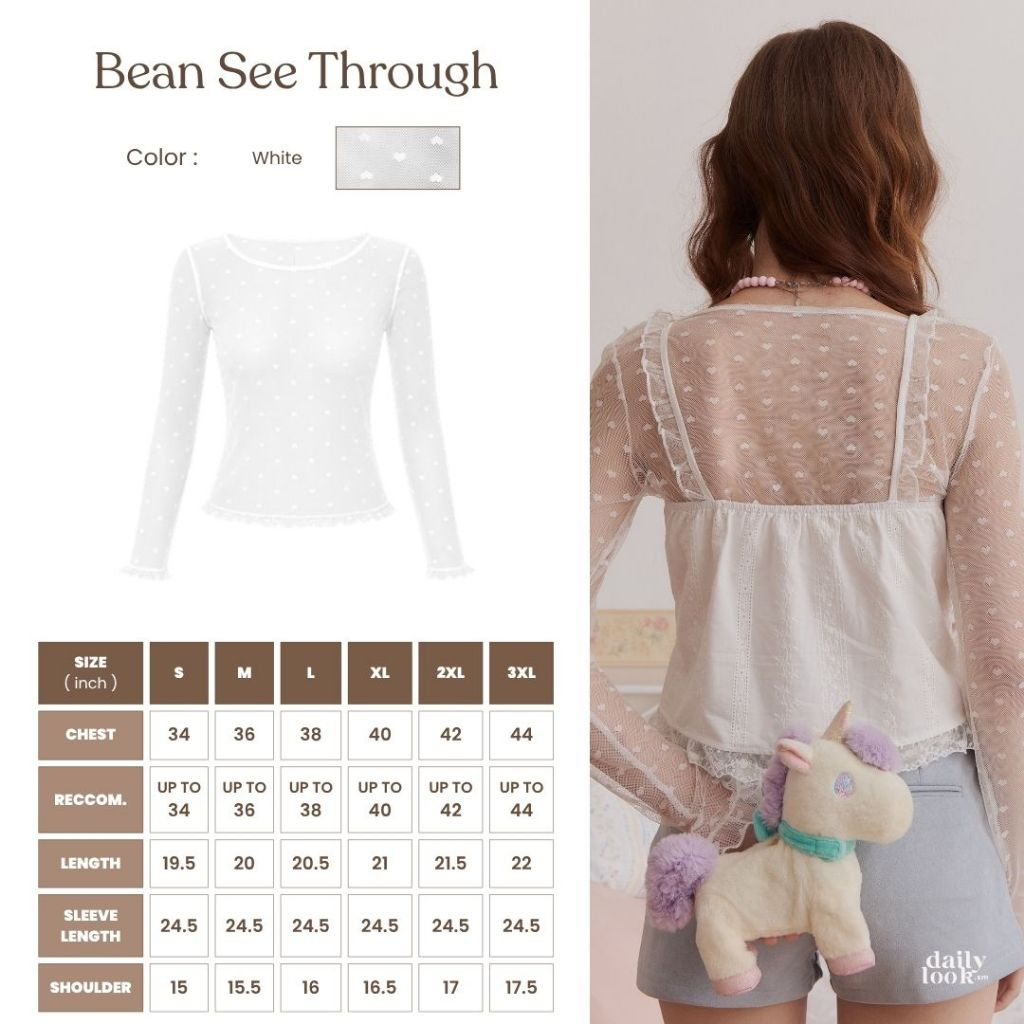 DAILYLOOK.SM --- Bean see through เสื้อซีทรูแขนยาวลายหัวใจ แต่งระบายปลายแขนและชายเสื้อเล็กน้อย