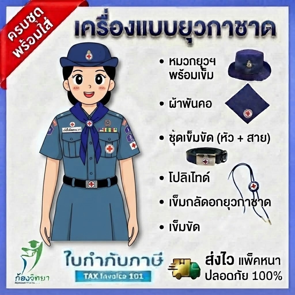 เครื่องแบบยุวกาชาด ครบชุด หมวก เข็ม เข็มขัด ผ้าพันคอ โปโลไทด์ ยุวกาชาดหญิง อุปกรณ์ยุวะ