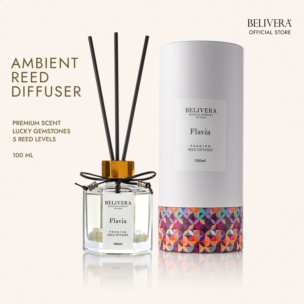 Flavia Reed Diffuser 100ml Belivera ก้านไม้หอมปรับอากาศ พร้อมหินนำโชคปรับพลังงานในบ้าน Genuine Citrine Stones