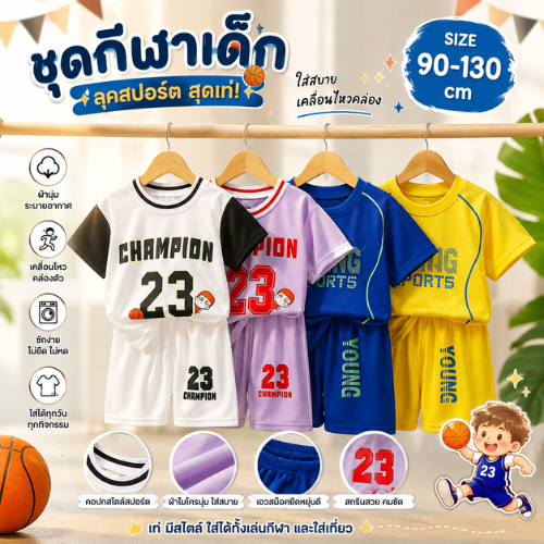 ชุดกีฬาเสื้อแขนสั้นสปอร์ตสำหรับเด็ก เด็กชายและเด็กหญิง ชุดตาข่ายฤดูร้อนแห้งเร็ว ไซส์กลางและใหญ่ เสื้อผ้าเล่น