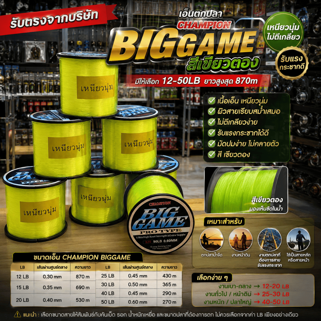 [ รับตรงจากบริษัท ] เอ็นตกปลา Champion Biggame สีเขียวตอง เหนียวนุ่ม ไม่ตีเกลียว รับแรงกระชากดี มี 12-50LB