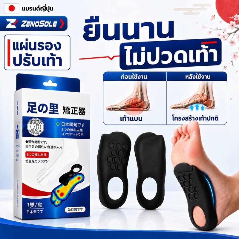 แผ่นรองอุ้งเท้าพัฒนาญี่ปุ่น 4 จุดรองรับ แก้เท้าแบน ขาโอ ขาเอ็กซ์ ลดปวดเท้าเมื่อยืนนาน ทำความสะอาดง่าย【日本骨グ科研】