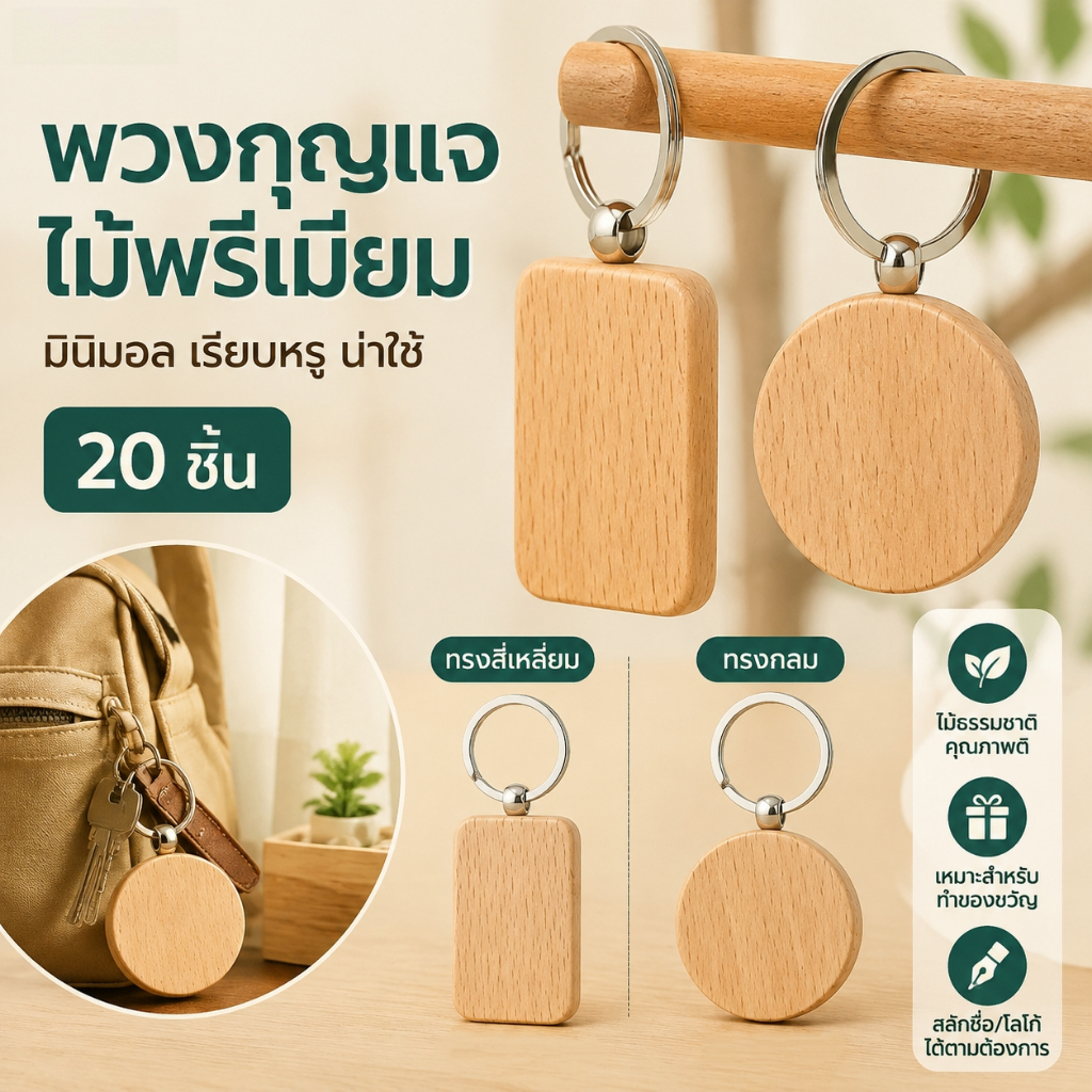 พวงกุญแจไม้ 20 ชิ้น แบบกลม สี่เหลี่ยม เนื้อไม้เนียน คุณภาพดี ปลอดสารพิษ ทนทาน อุปกรณ์ทำพวงกุญแจ DIY พร้อมส่ง