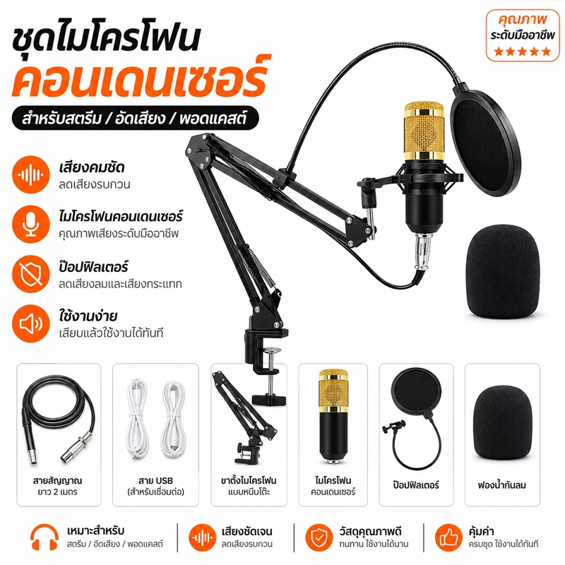 ไมค์ BM800 ครบ ชุด ของแท้ ไมค์คอนเดนเซอร์ ไมค์อัดเสียง ซาวด์การ์ด ไมค์ไลฟ์สดไมค์อัดเพลง อุปกรณ์ พร้อ