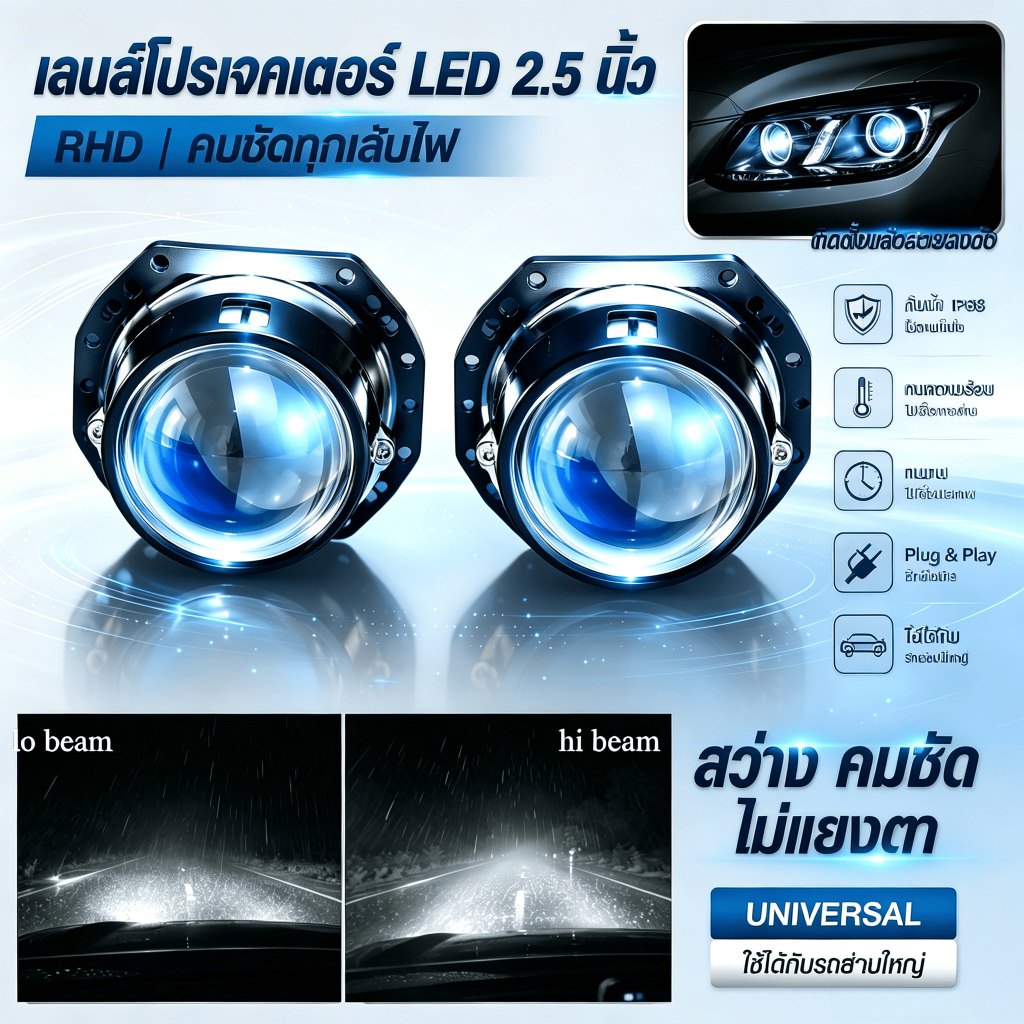 ไฟหน้าโปรเจคเตอร์ BI-LED 2.5 นิ้ว เลนส์โปรเจคเตอร์รถยนต์ RHD Plug&Play ให้ความสว่างสูง ลำแสงพุ่งไกล 