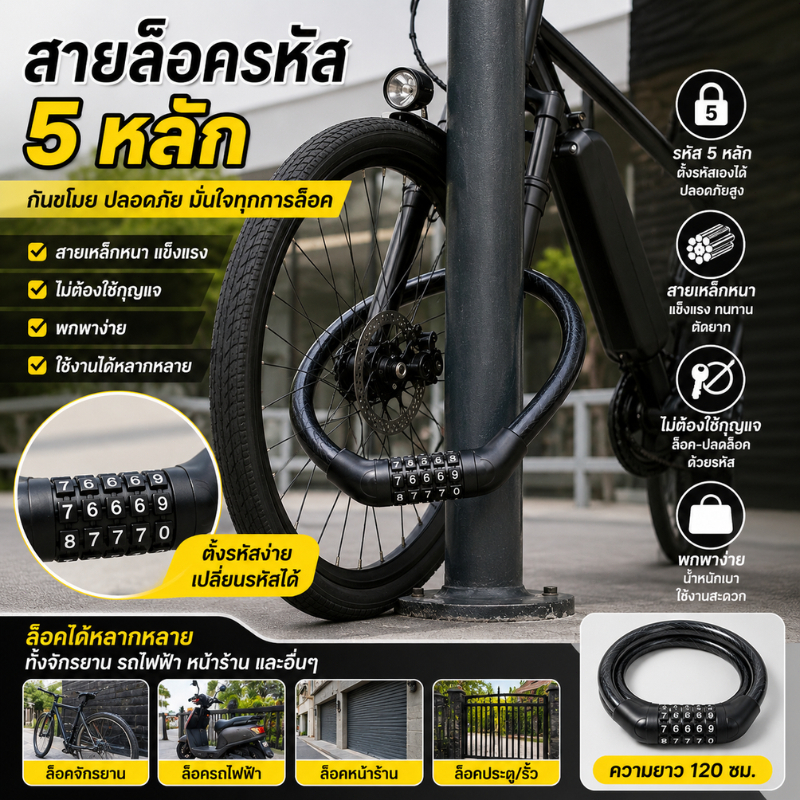สายล็อครหัส กันขโมย 5 หลัก สายเหล็กหนา พกพาง่าย ไม่ต้องใช้กุญแจ ล็อคจักรยาน หน้าร้าน ล็อครถไฟฟ้า